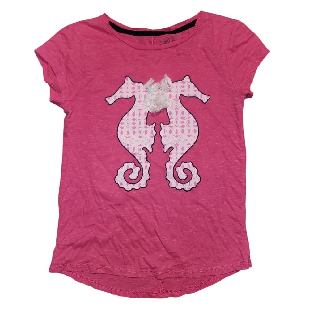 Girl's Crown & Ivy Kids Pink Seahorse Navy Glittery Outline Tee Shirt Small
